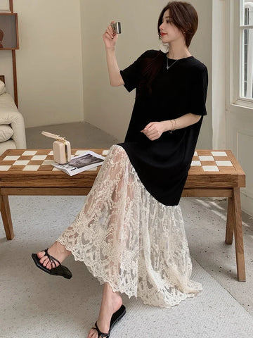 MQTIME  -  Summer New Patchwork Women  Loose Long Dresses Short Sleeve Korean Style Floral Hem Female Vestidos